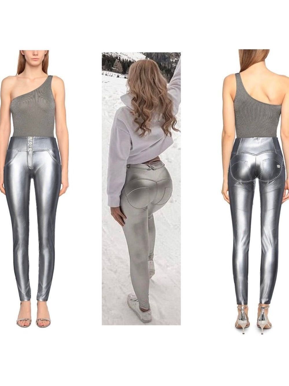 Freddy WR.UP metallic silver skinny leggings Sz L NWT Rare